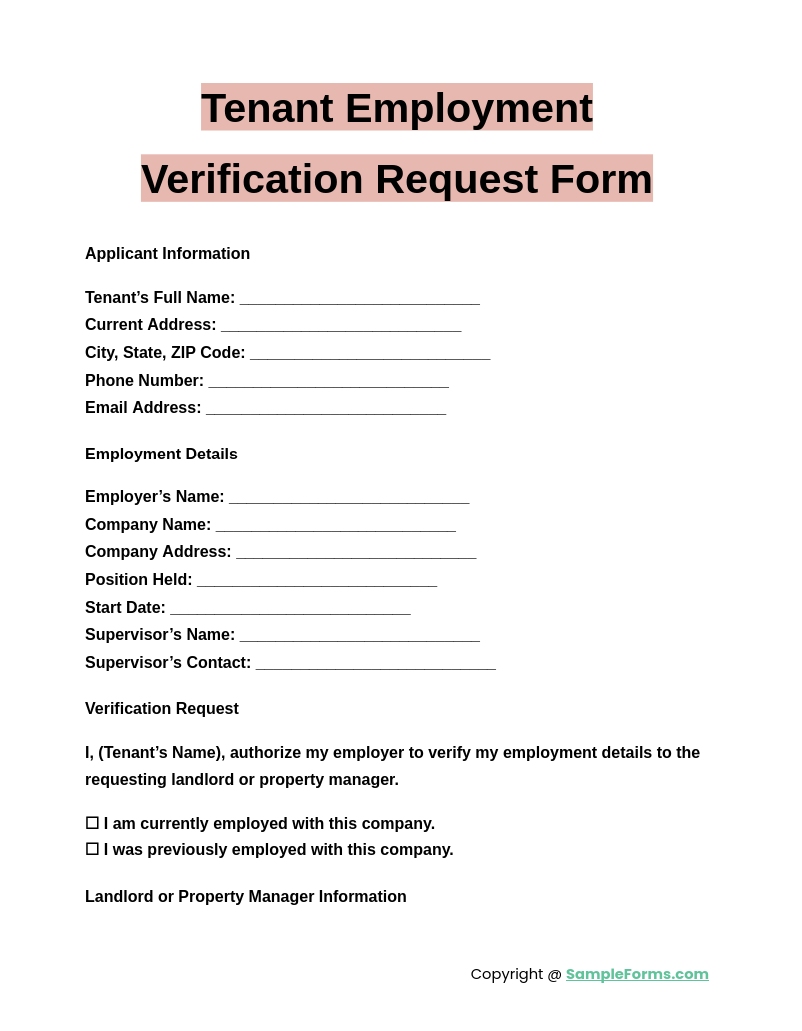 tenant employment verification request form