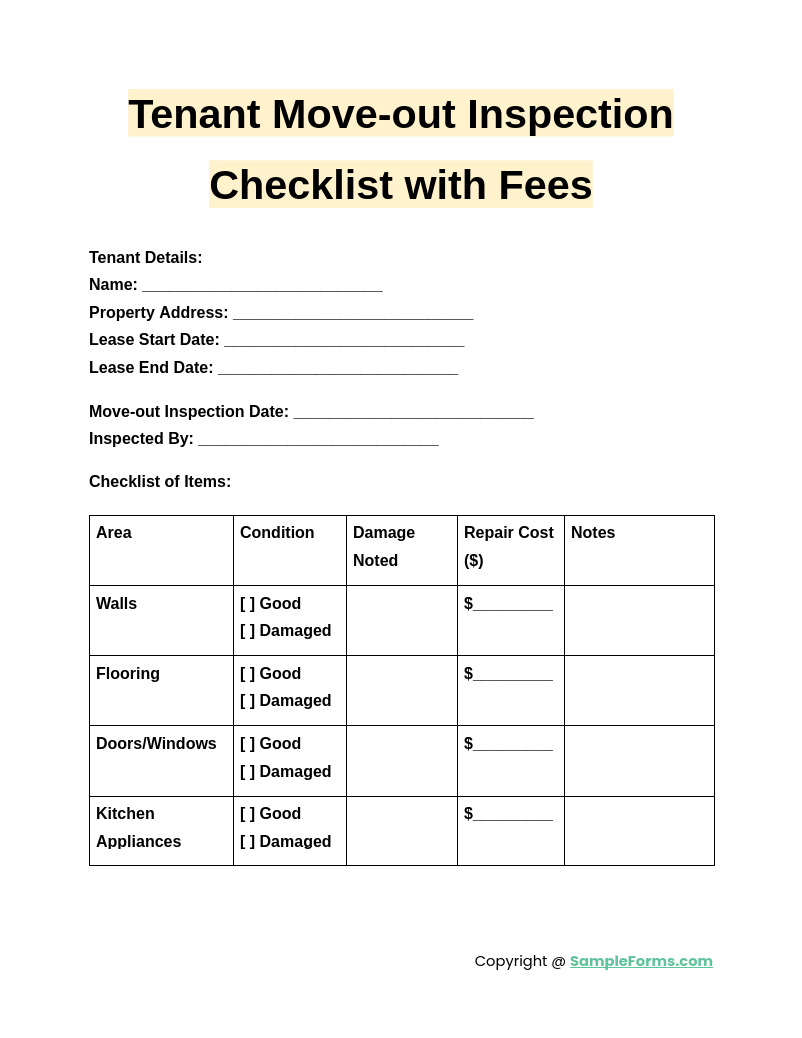 tenant move out inspection checklist with fees