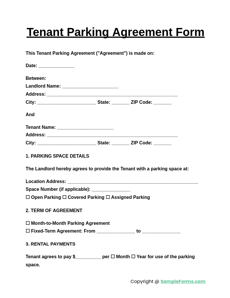 tenant parking agreement form