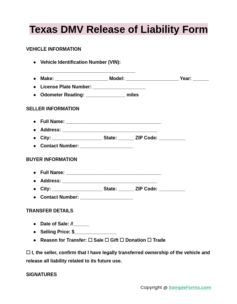 FREE 9+ DMV Release of Liability Form Samples, PDF, MS Word, Google Docs