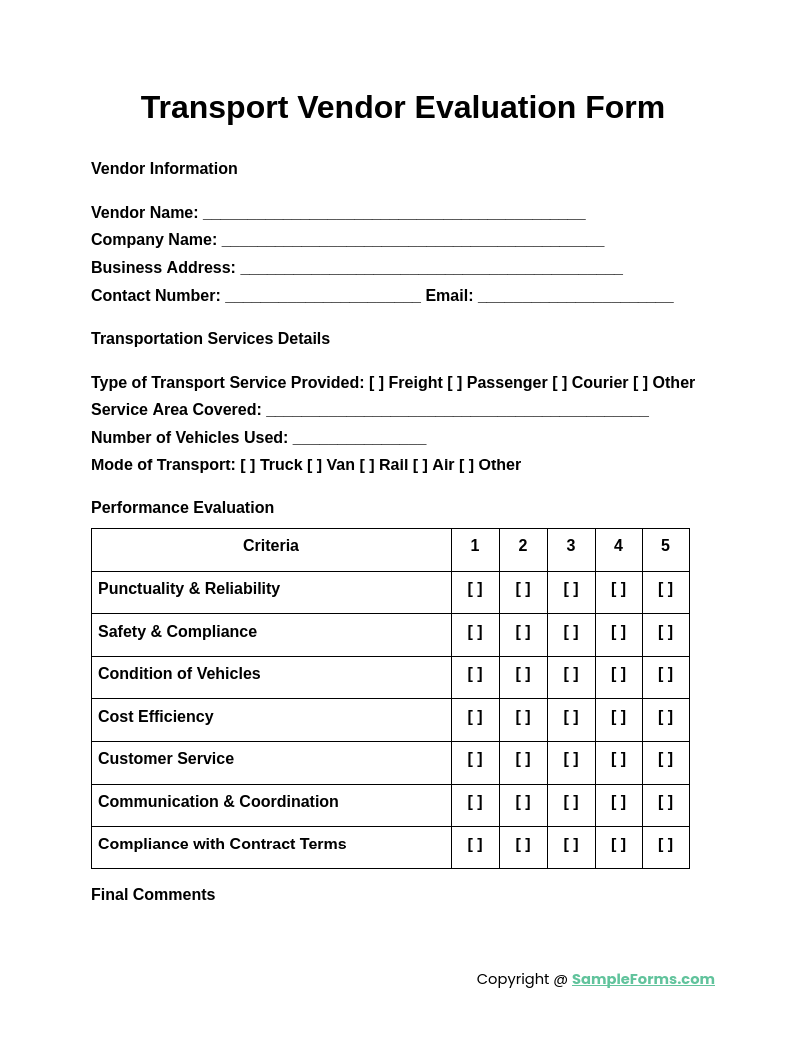 transport vendor evaluation form