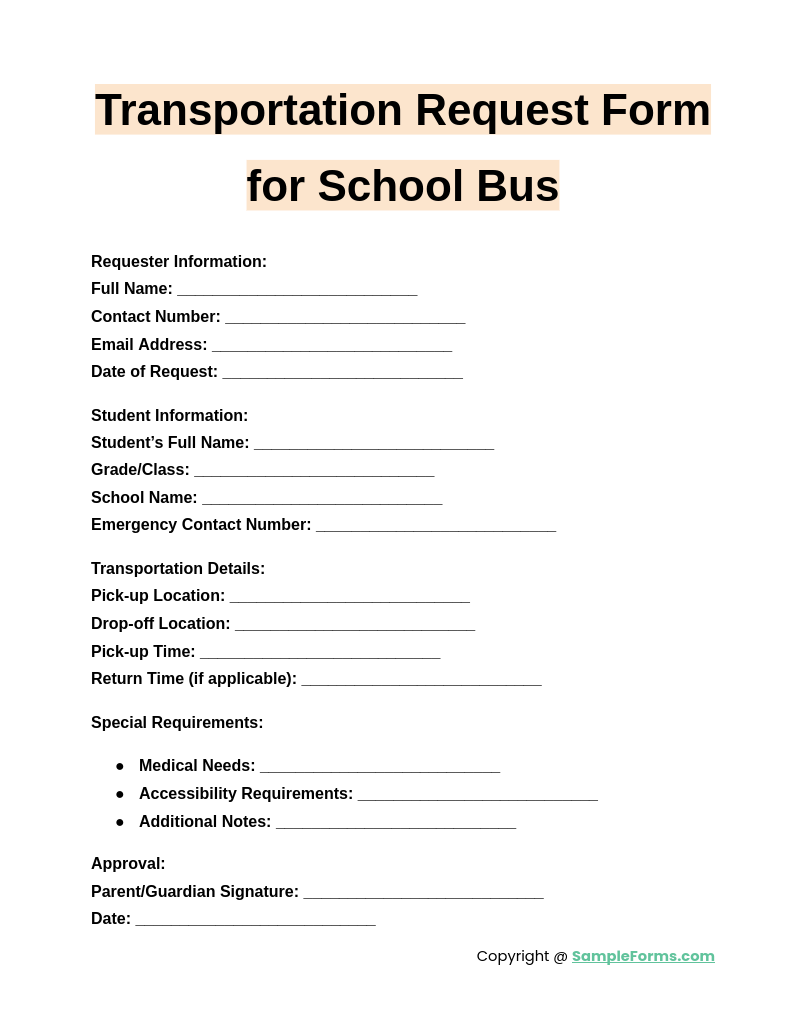 transportation request form for school bus