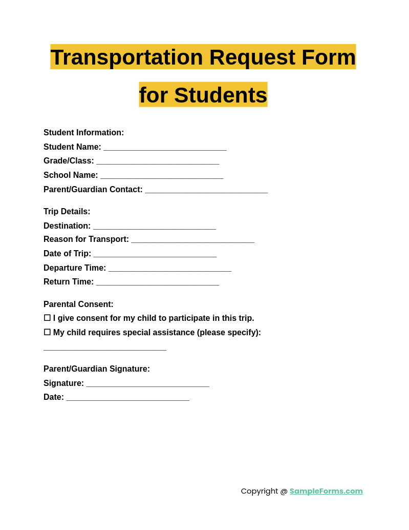 transportation request form for students