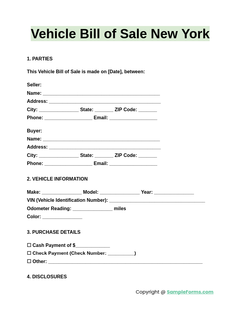 vehicle bill of sale new york