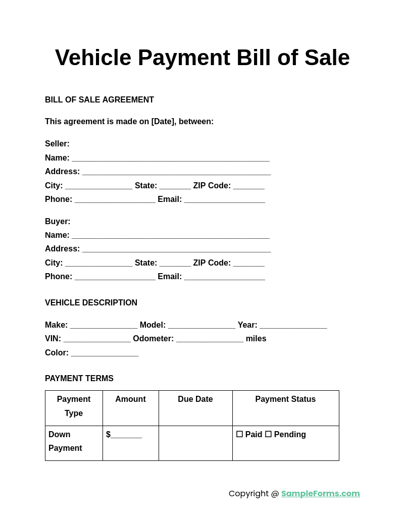 vehicle payment bill of sale