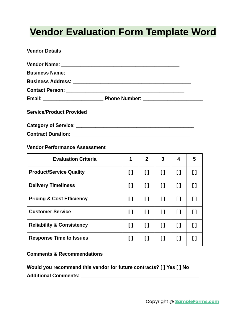 vendor evaluation form template word