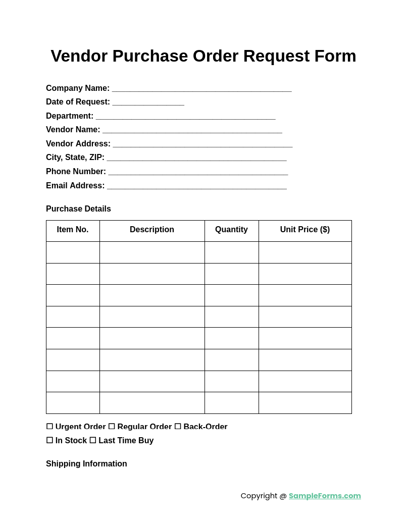 vendor purchase order request form