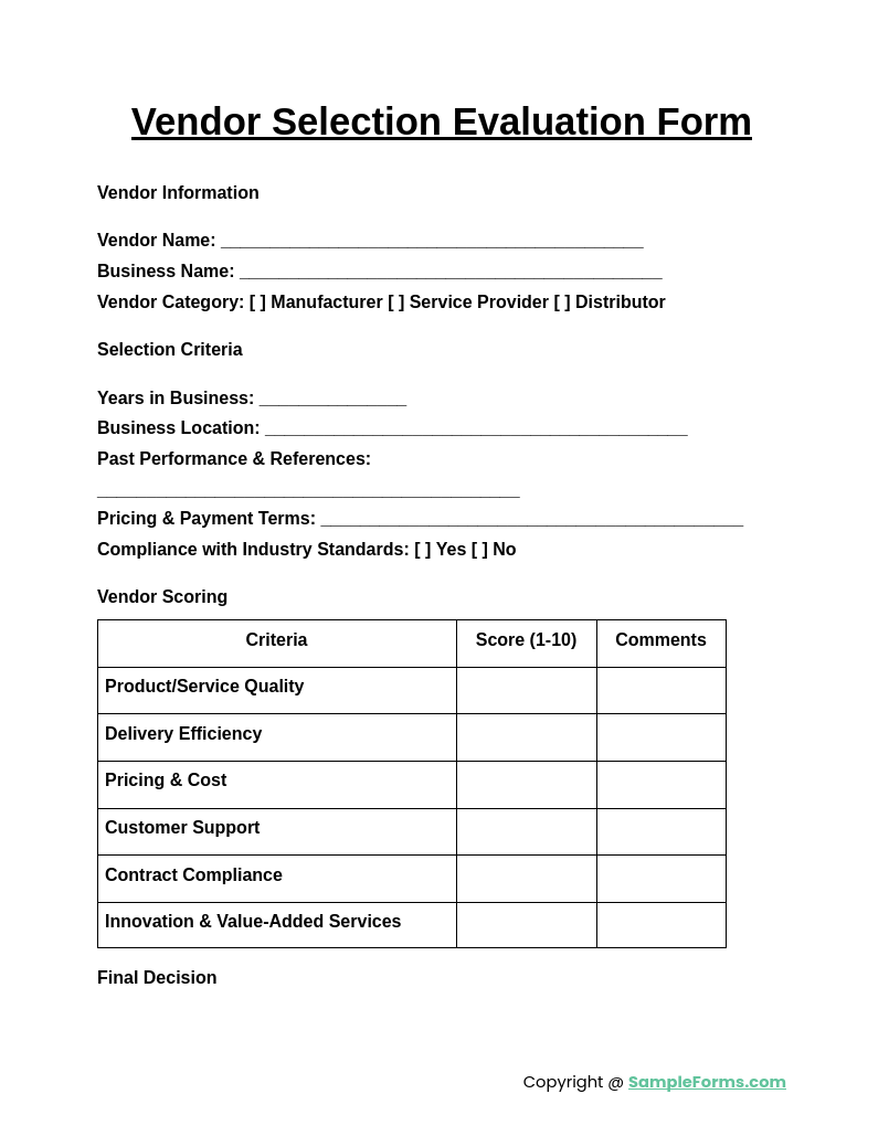 vendor selection evaluation form