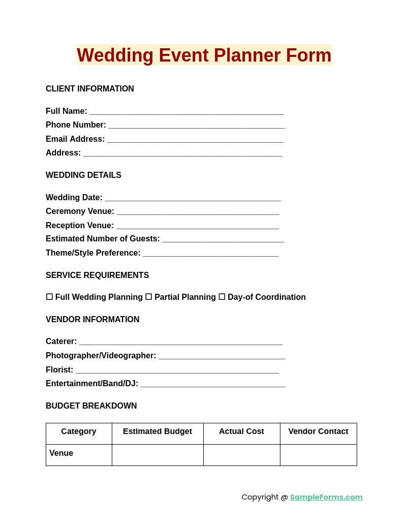 wedding event planner form