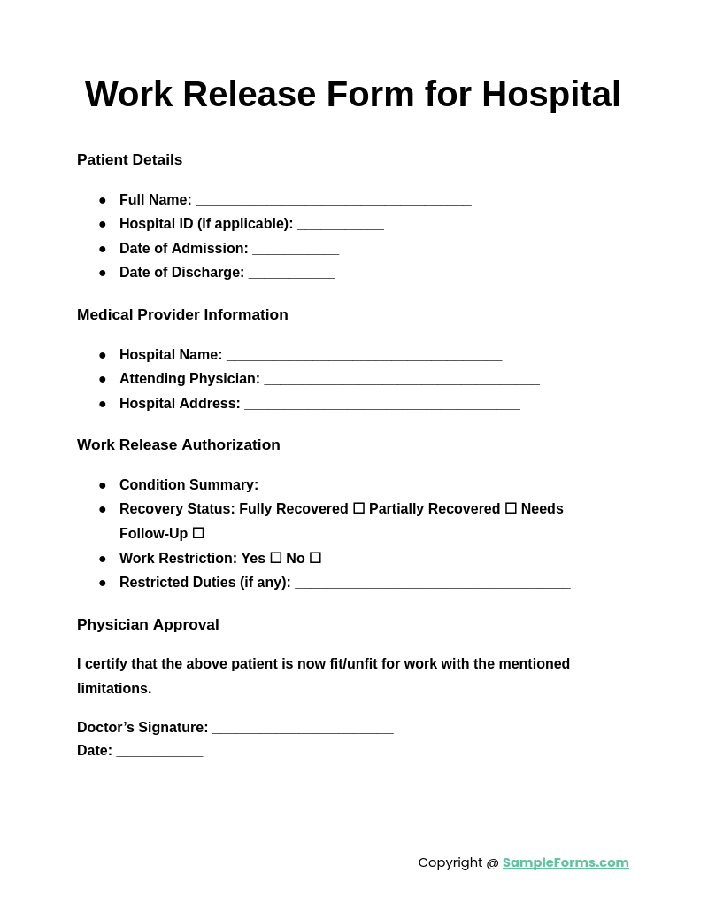 work release form for hospital