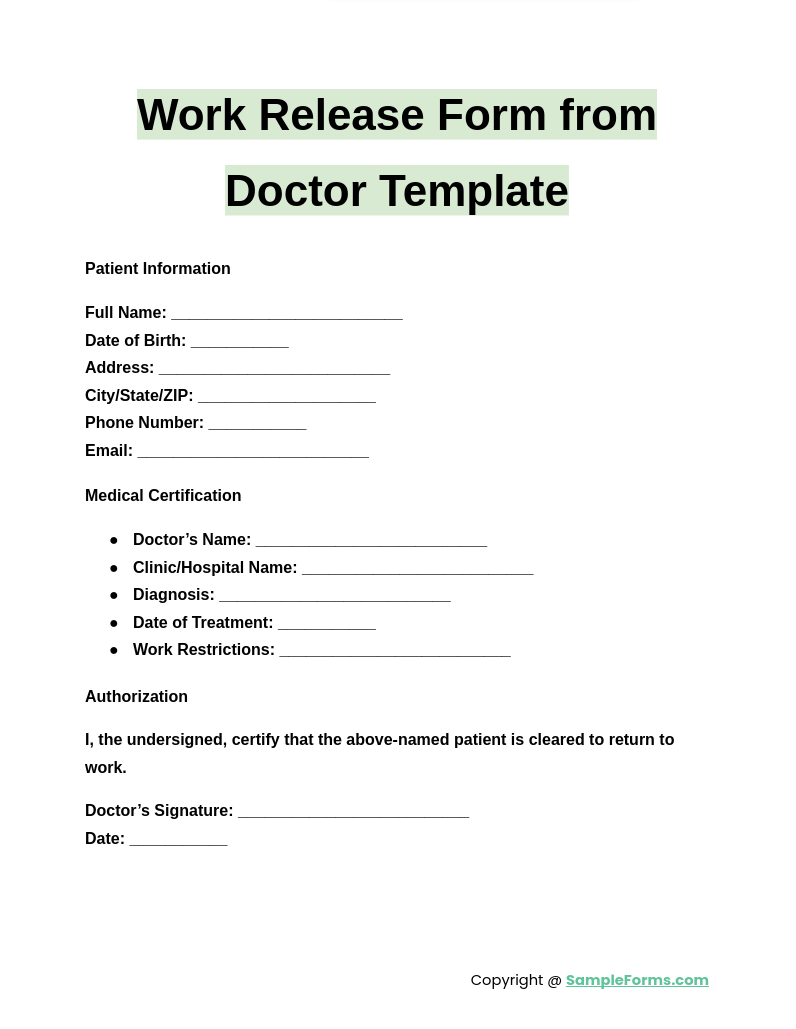 work release form from doctor template