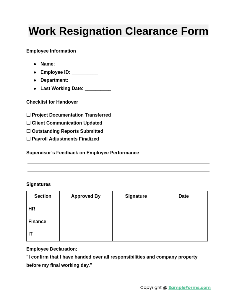 work resignation clearance form