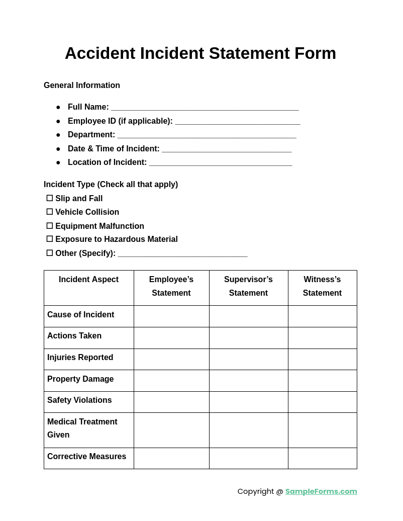 accident incident statement form