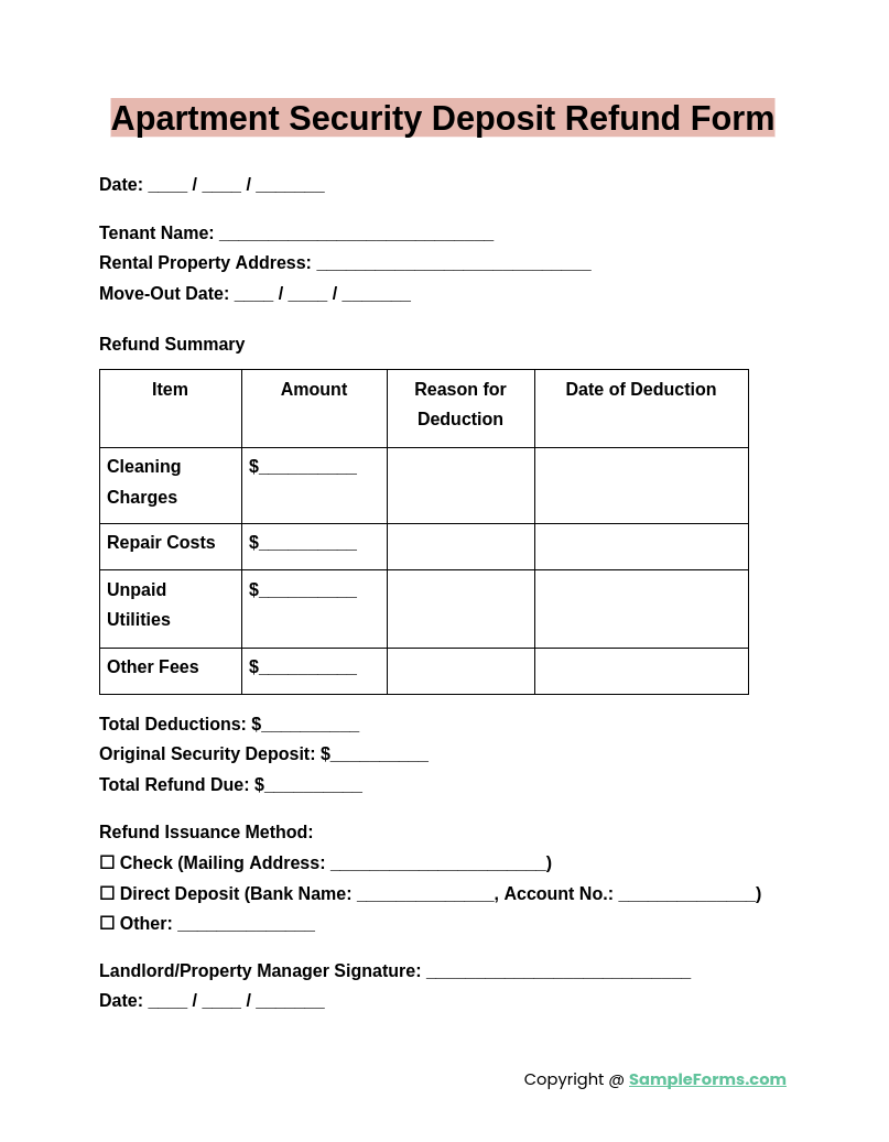 apartment security deposit refund form