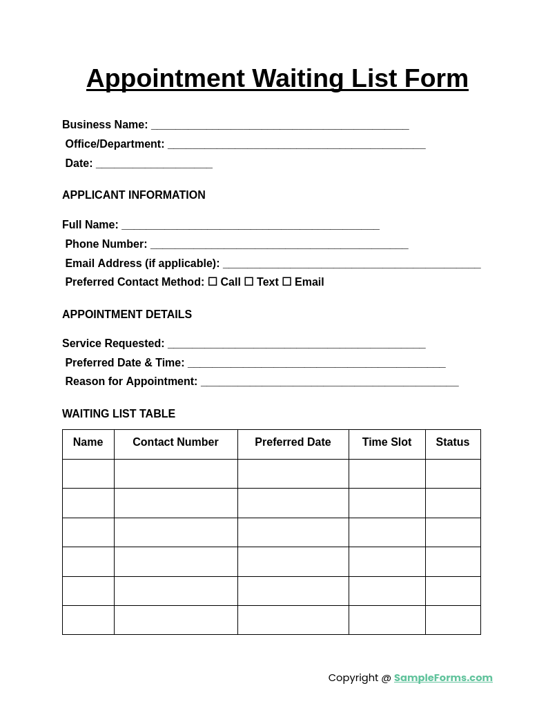 appointment waiting list form