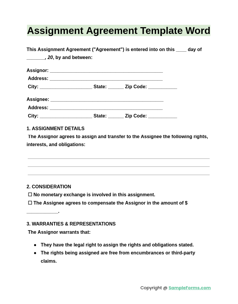 assignment agreement template word