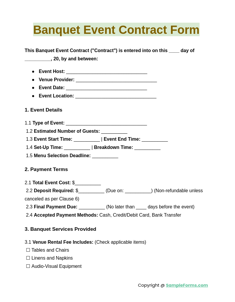 banquet event contract form