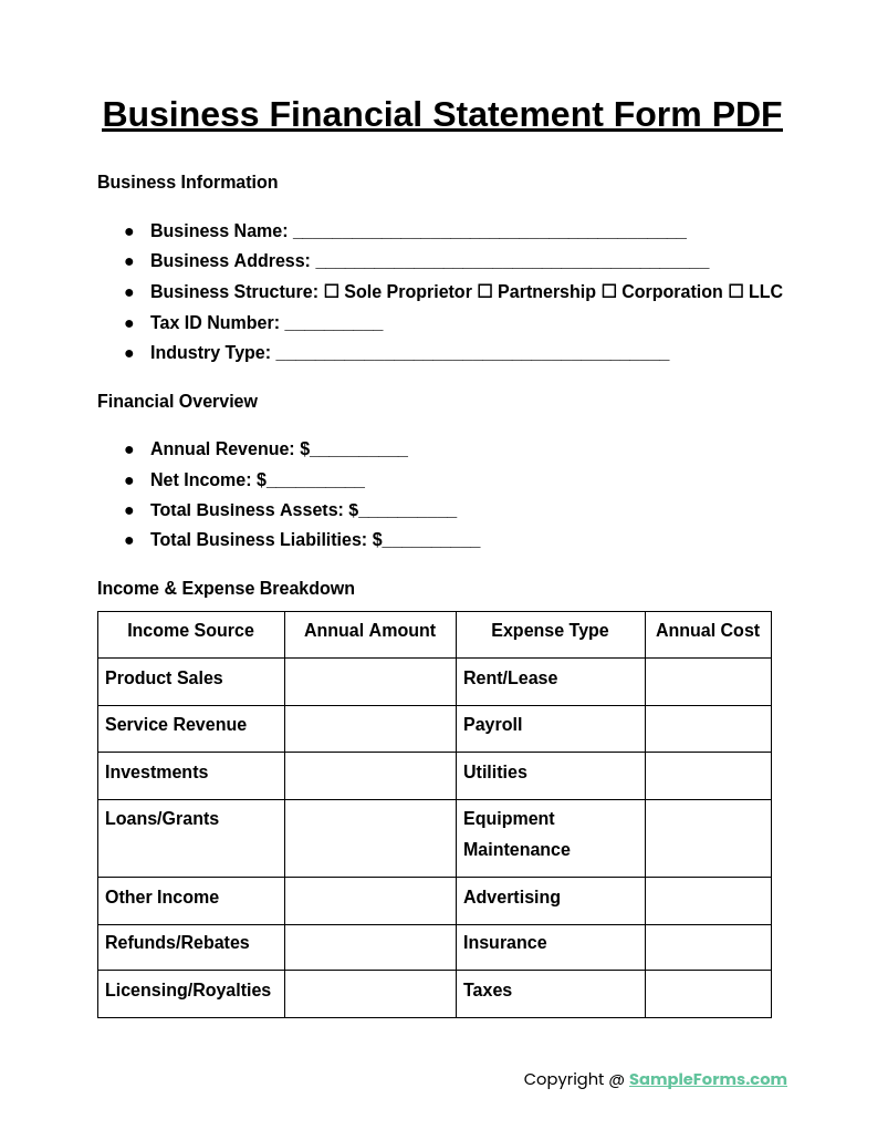 business financial statement form pdf