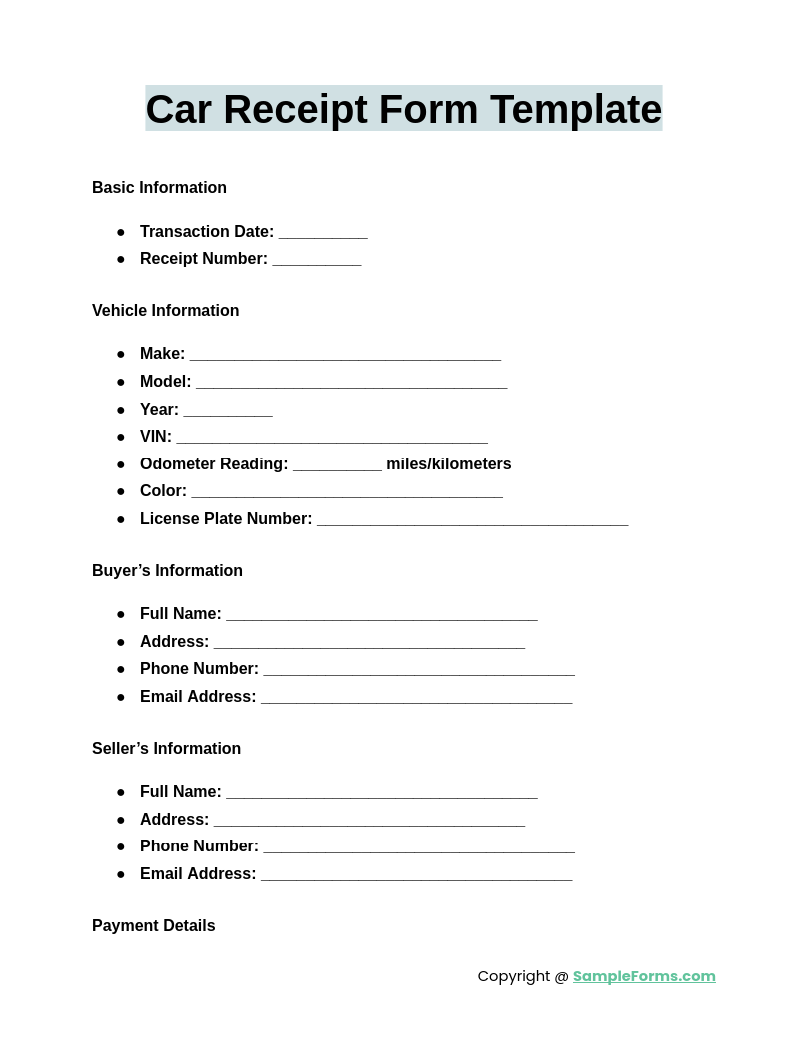 car receipt form template