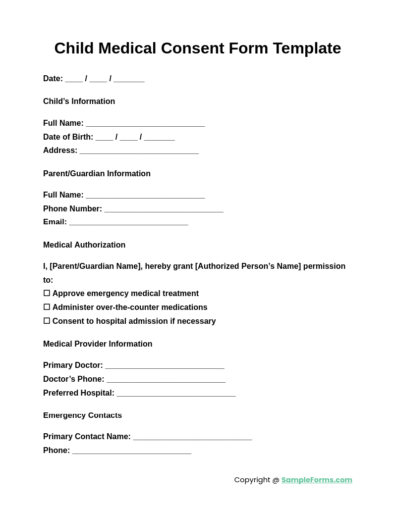 child medical consent form template