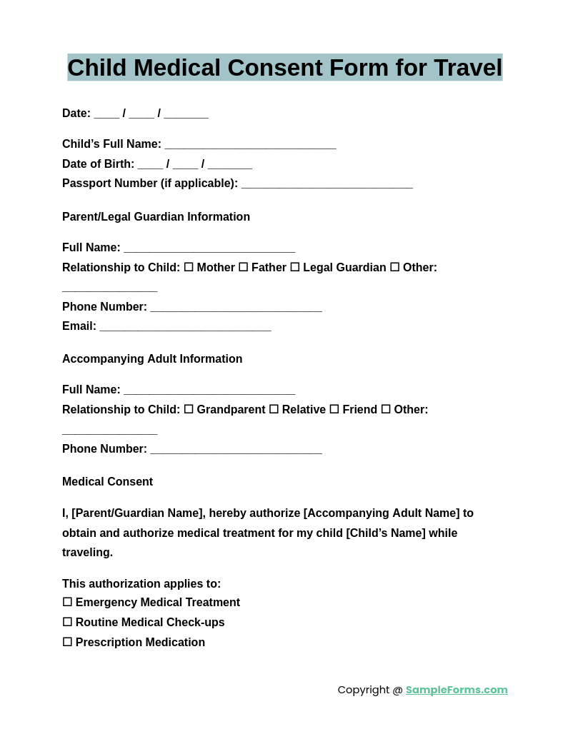 child medical consent form for travel