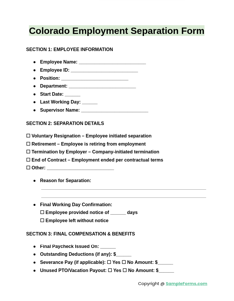 colorado employment separation form