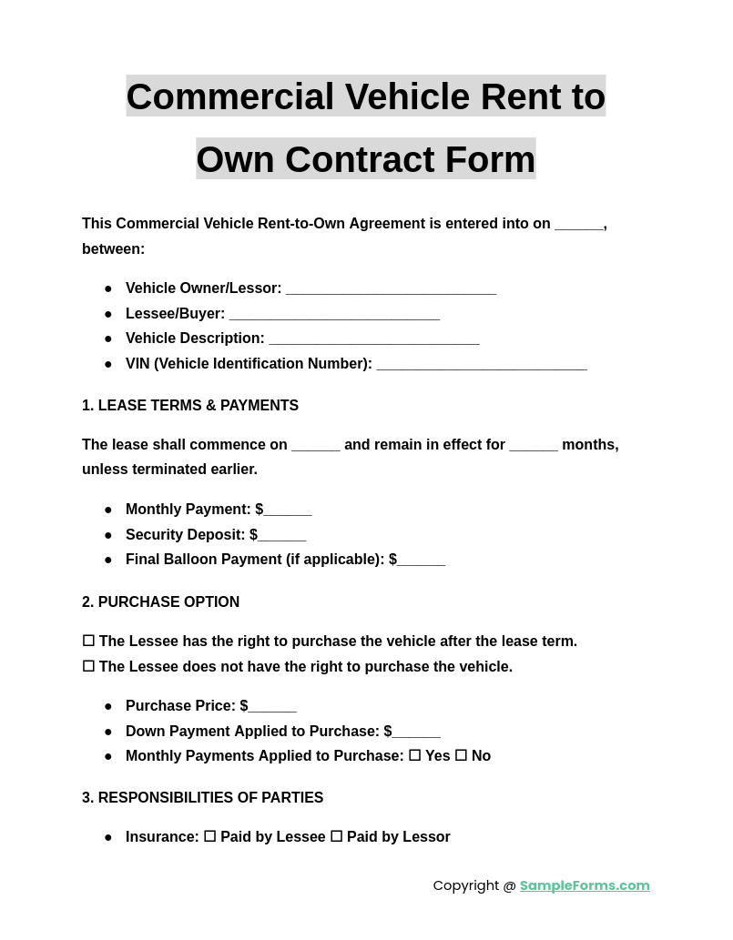 commercial vehicle rent to own contract form