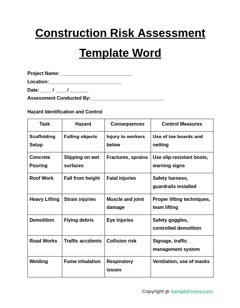 construction risk assessment template word