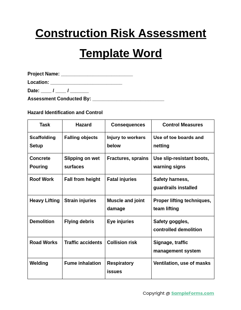 FREE 13 Construction Risk Assessment Form Samples PDF MS Word 