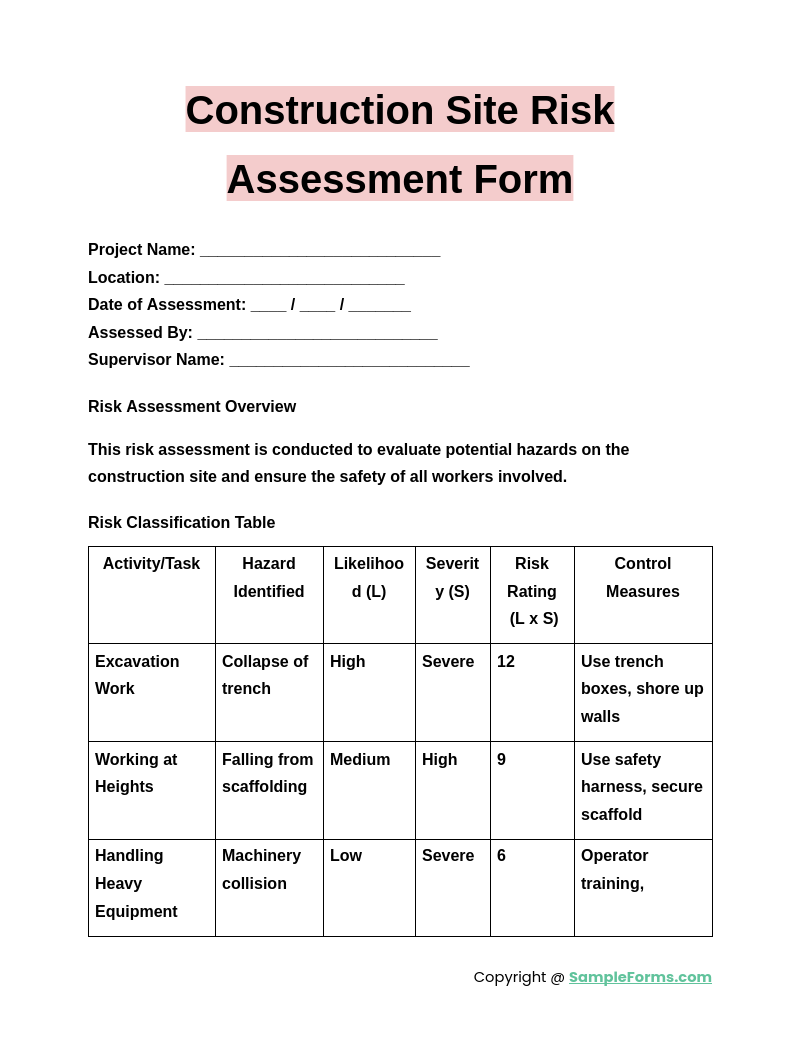 construction site risk assessment form