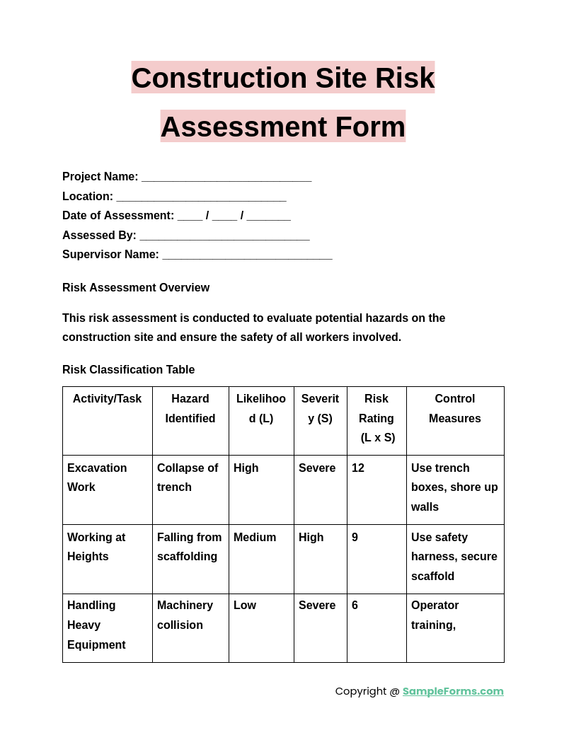 FREE 13 Construction Risk Assessment Form Samples PDF MS Word 