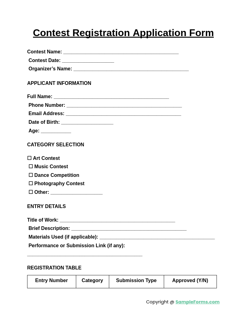 contest registration application form