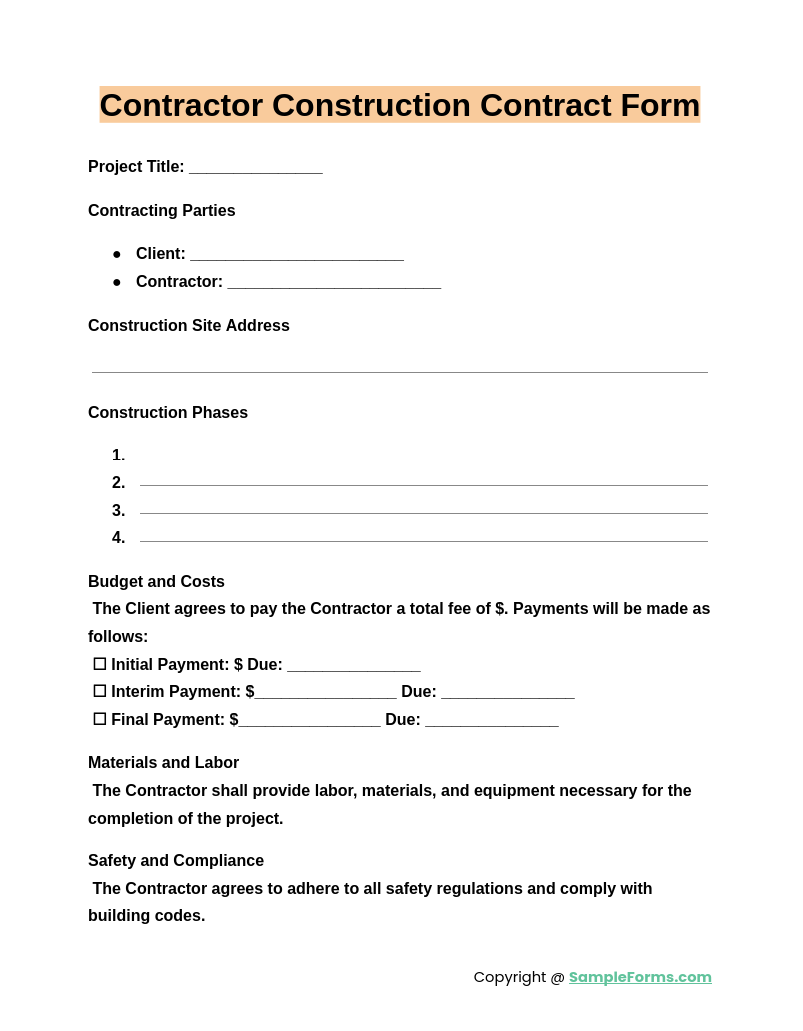 Contractor Management Form FREE 14+ Construction Contract Samples, PDF, MS Word, Google Docs, Excel