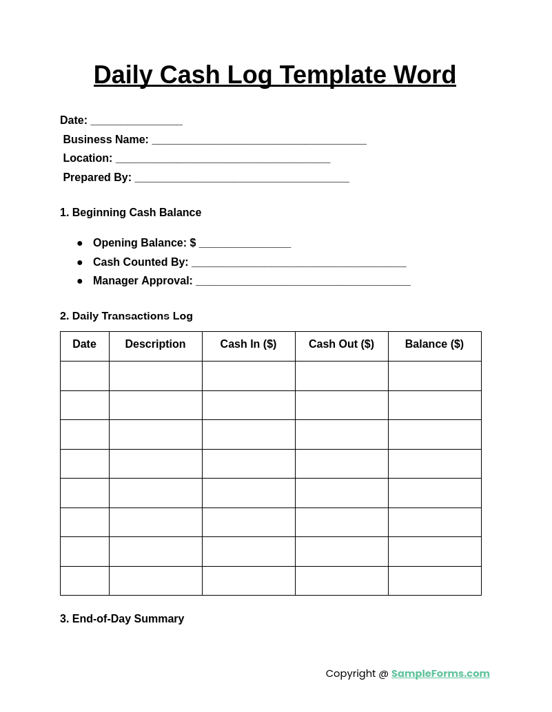 daily cash log template word