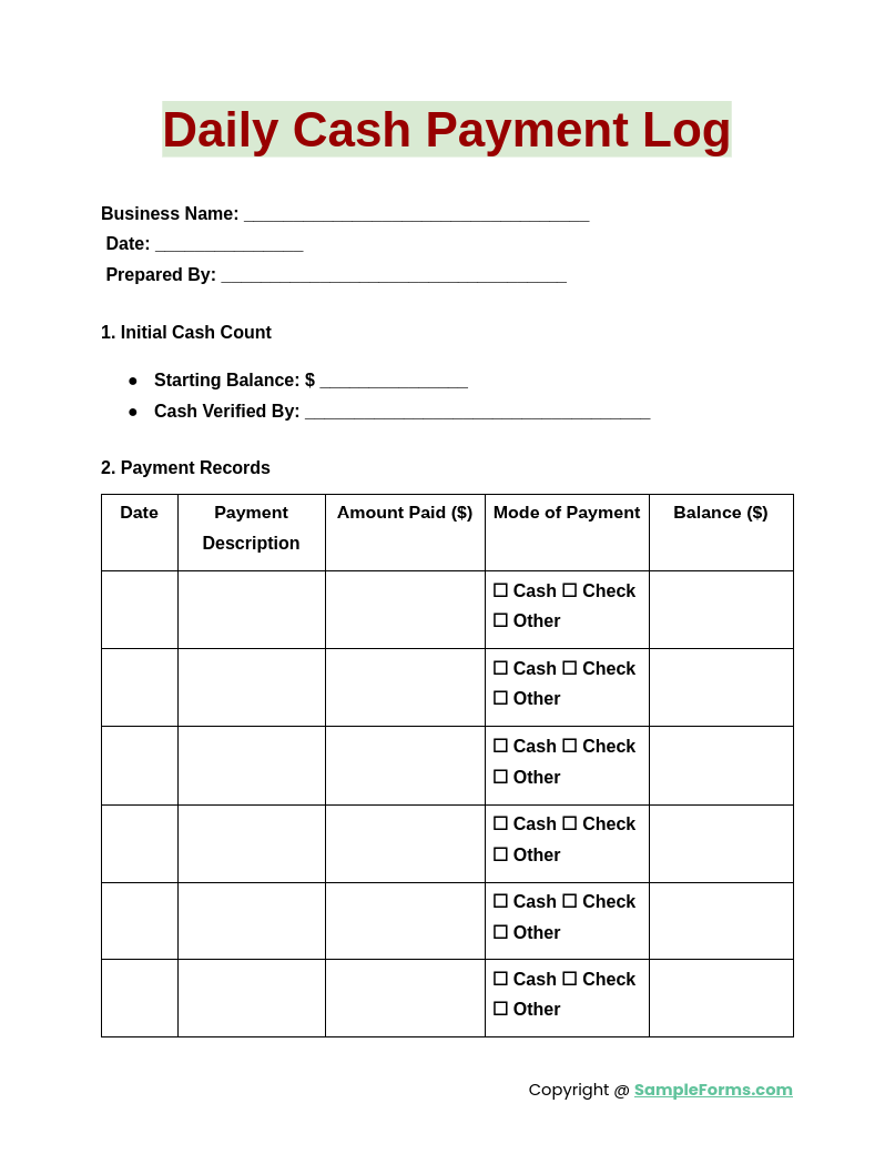 daily cash payment log