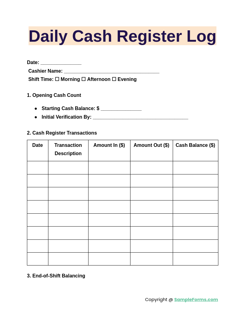 daily cash register log