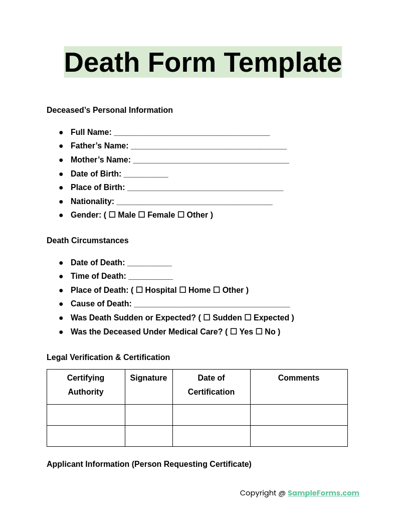 death form template