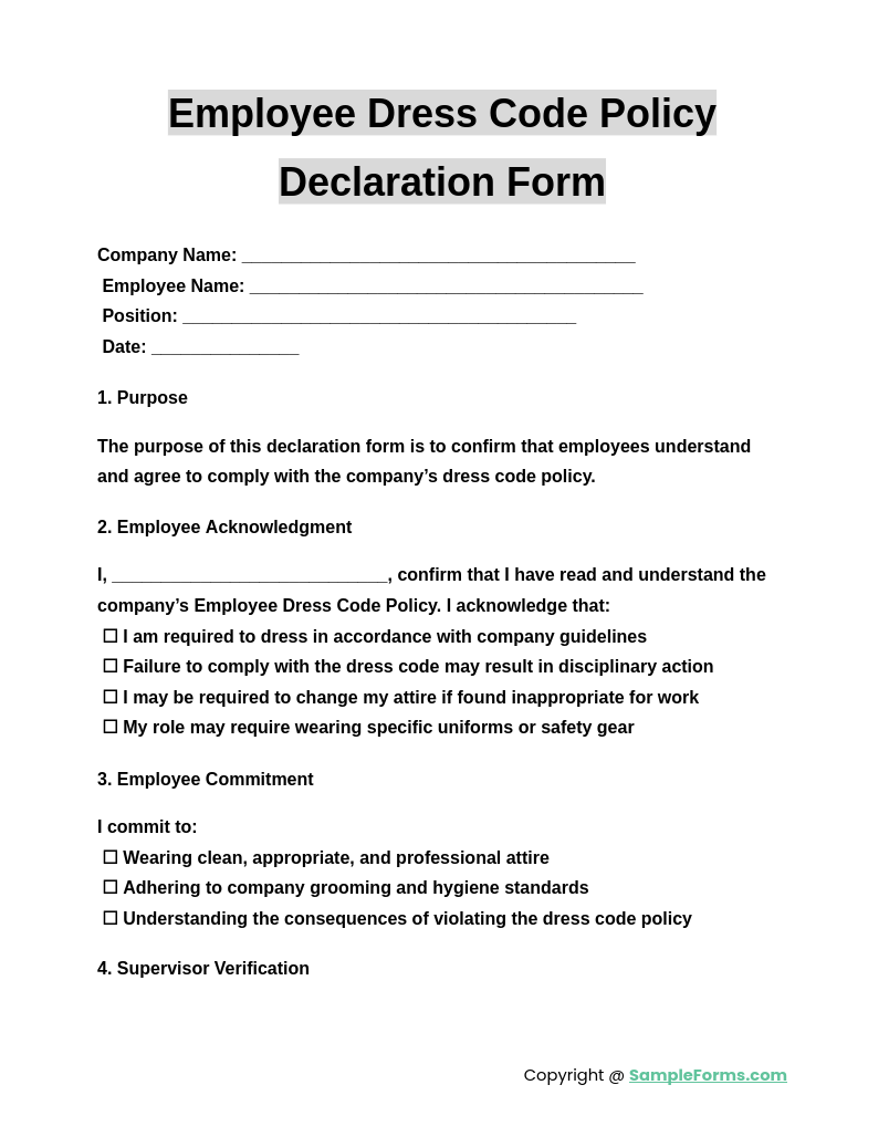 employee dress code policy declaration form