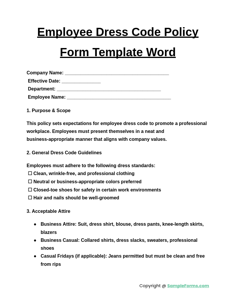 employee dress code policy form template word