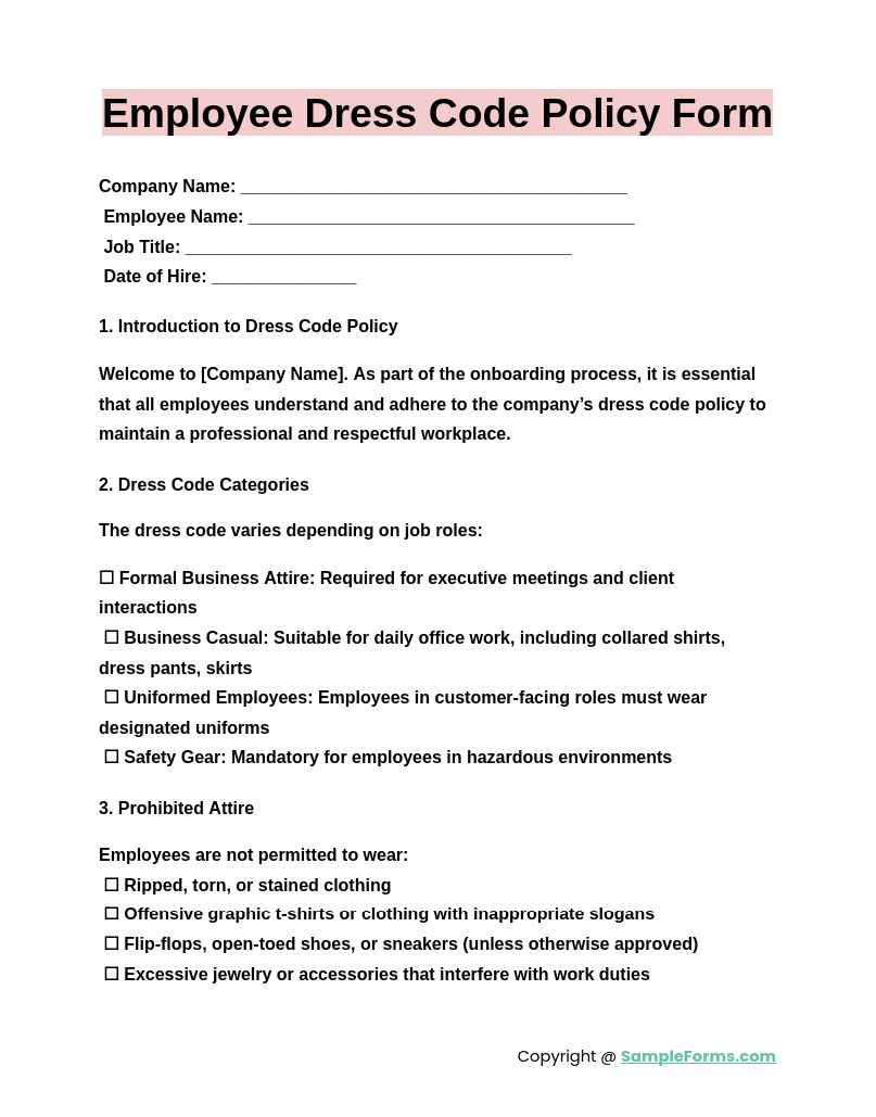 employee onboarding dress code policy form