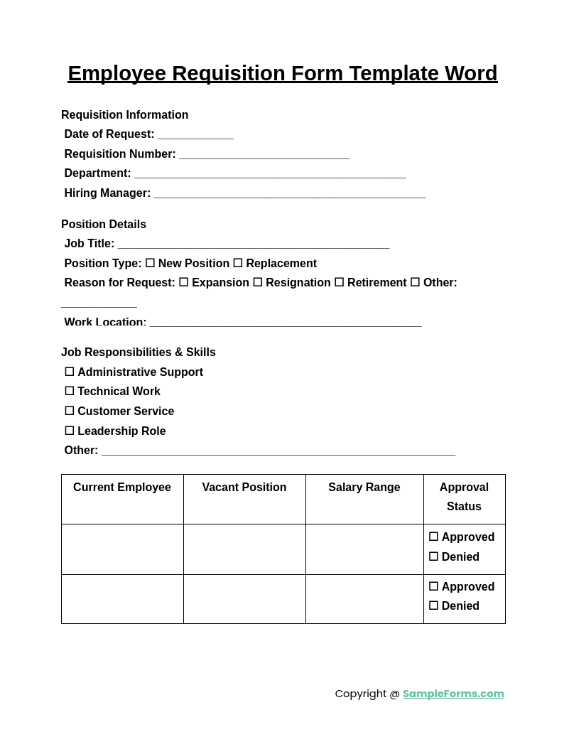 employee requisition form template word