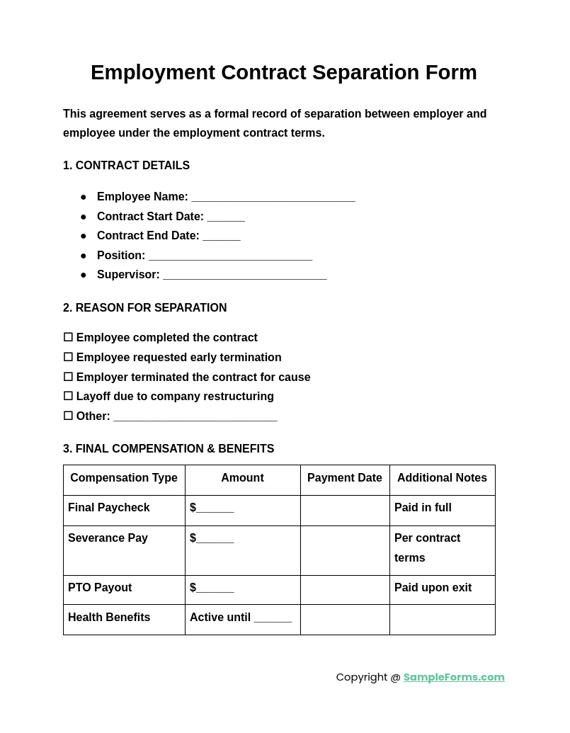 employment contract separation form