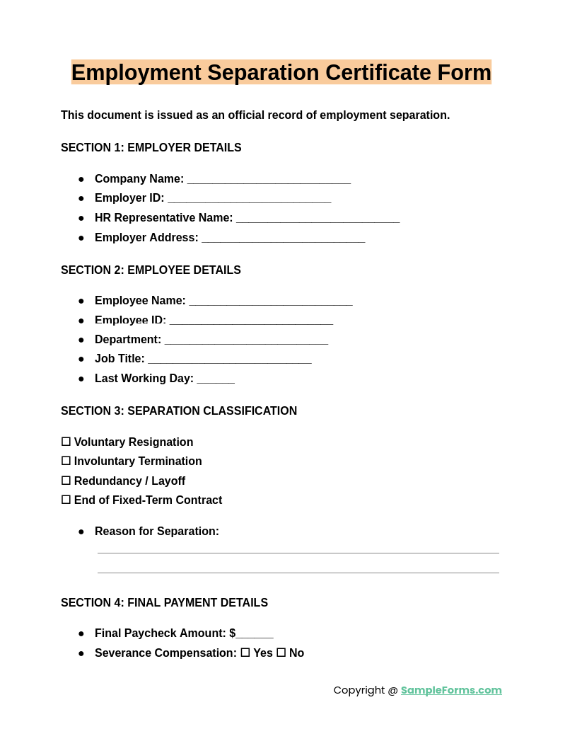 employment separation certificate form 