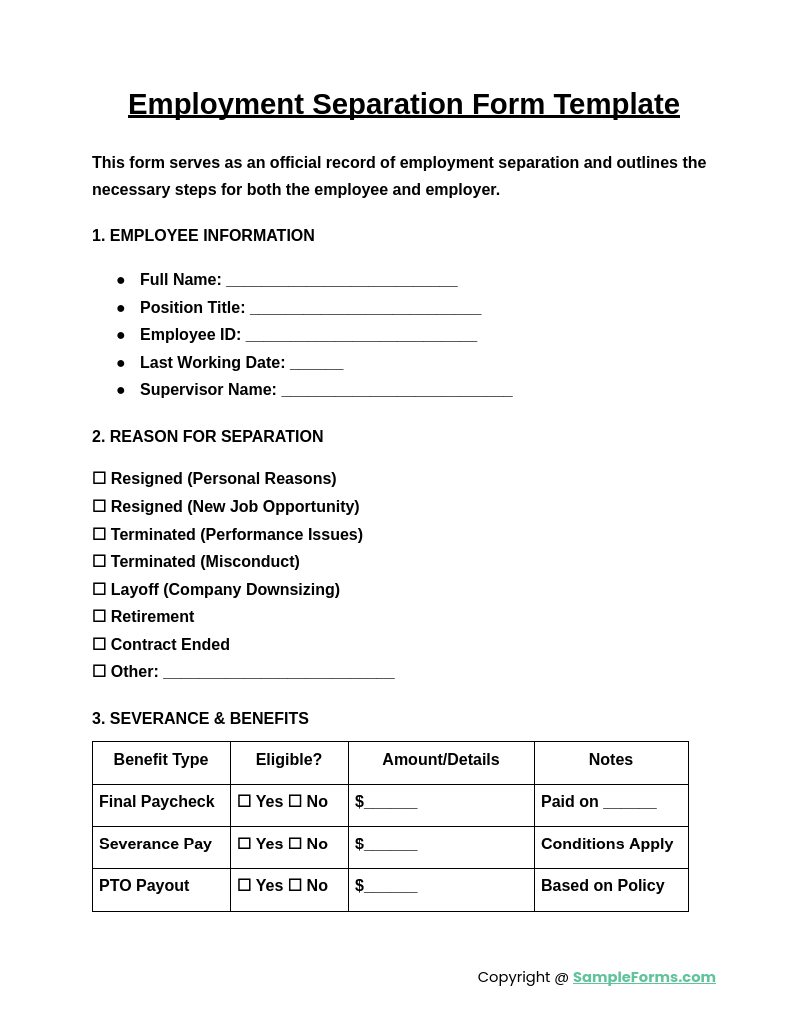 employment separation form template