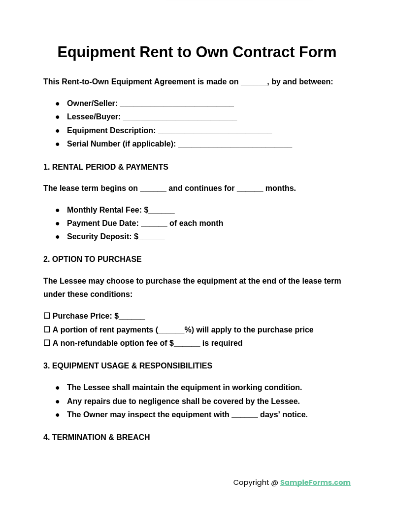 equipment rent to own contract form