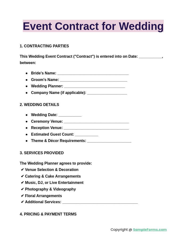 event contract for wedding