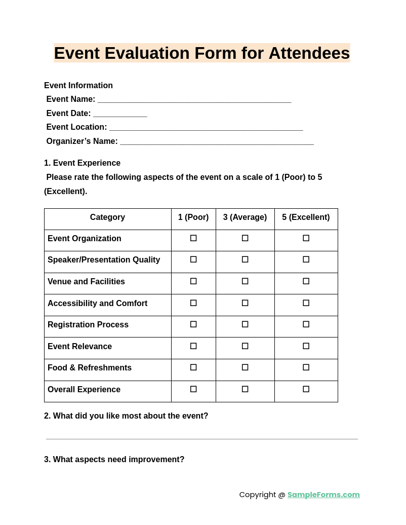 event evaluation form for attendees