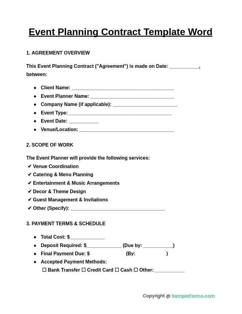 event planning contract template word