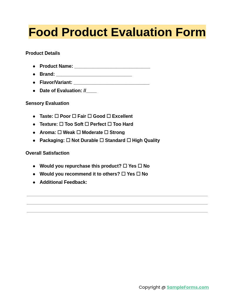 food product evaluation form