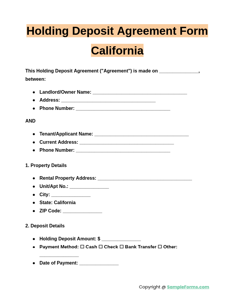 holding deposit agreement form california